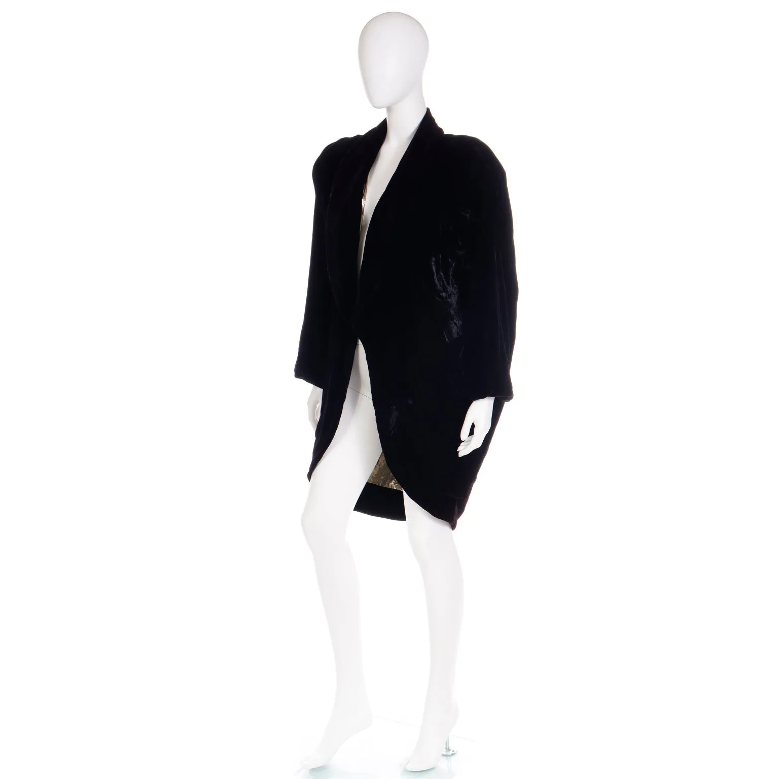 1980s Vintage Karen Okada Black Velvet Coat w Gold Lame Lining