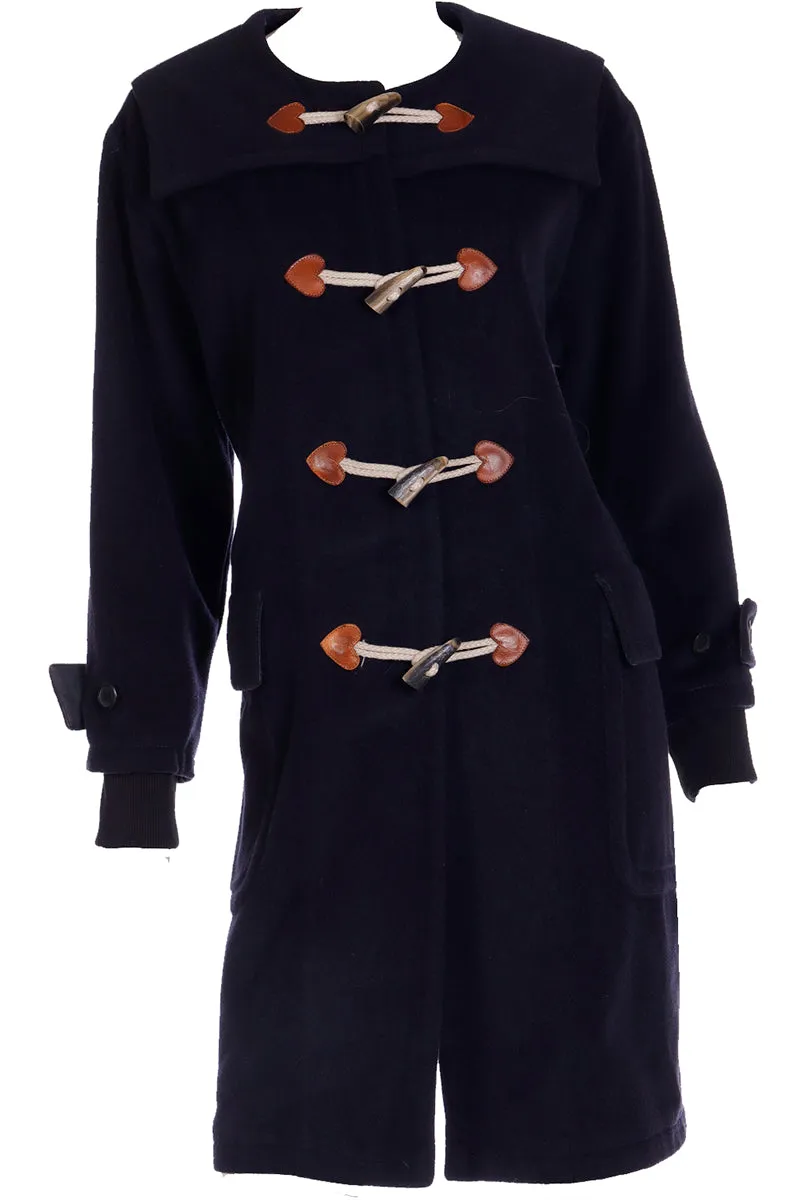 1990s Franco Moschino Cheap & Chic Navy Blue Coat w Leather Hearts & Ropes