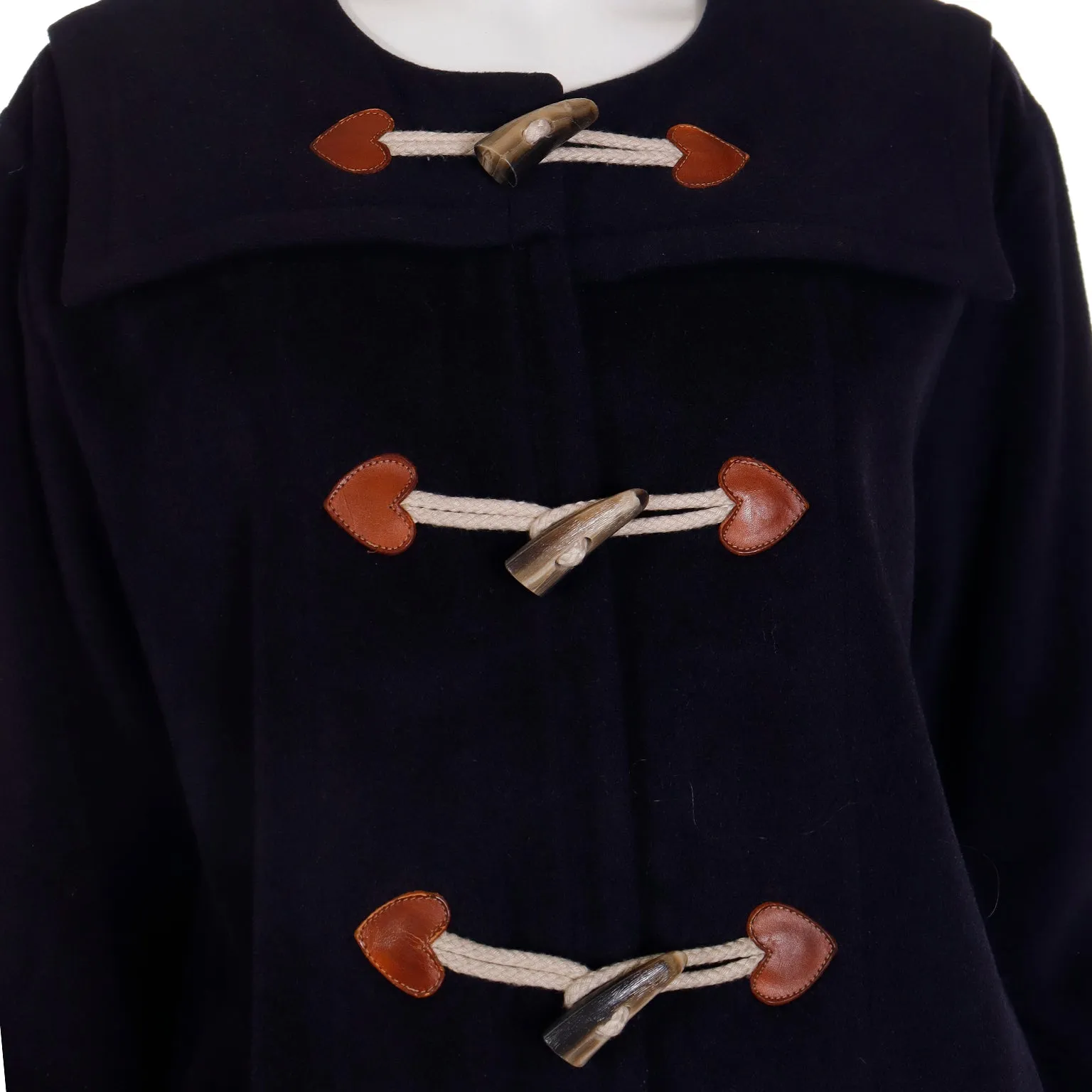 1990s Franco Moschino Cheap & Chic Navy Blue Coat w Leather Hearts & Ropes