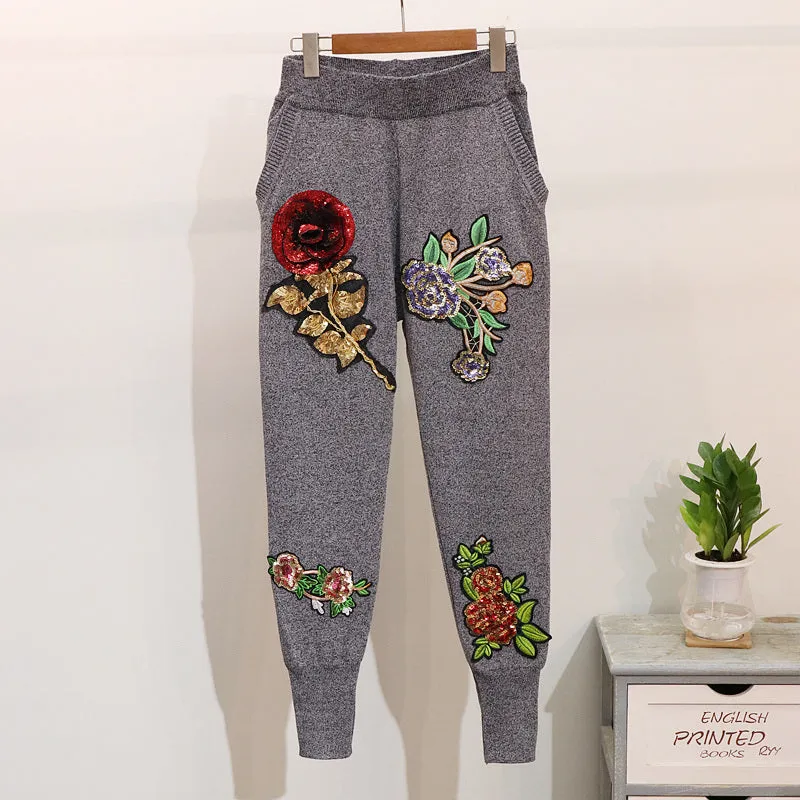 2Pcs Floral Sequin Embroidered Sweater & Pants Set