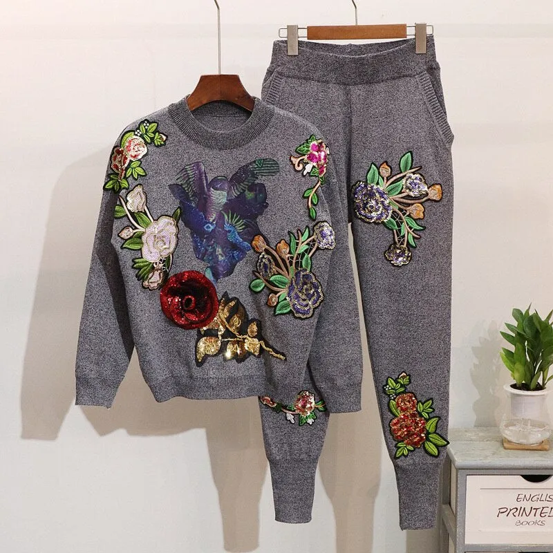 2Pcs Floral Sequin Embroidered Sweater & Pants Set