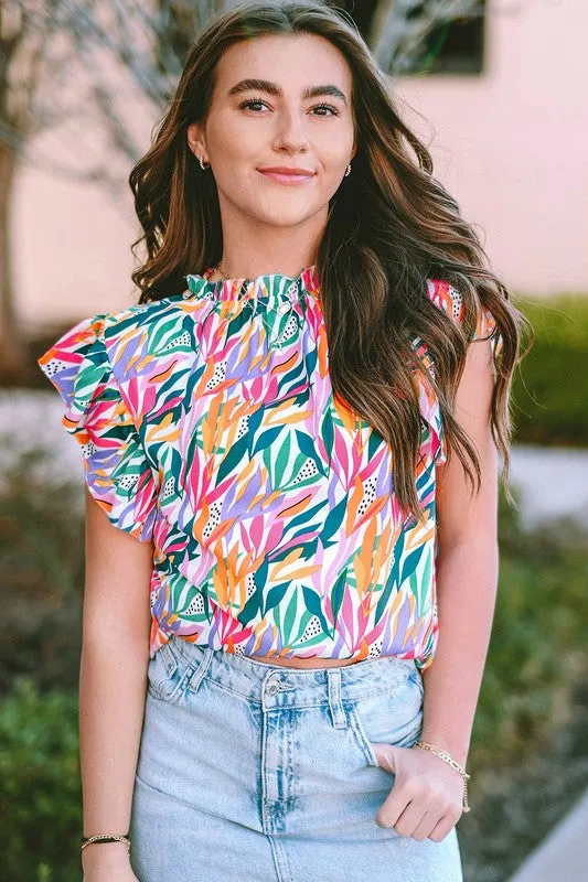 Abstract Print Ruffled Flutter Shoulder Blouse