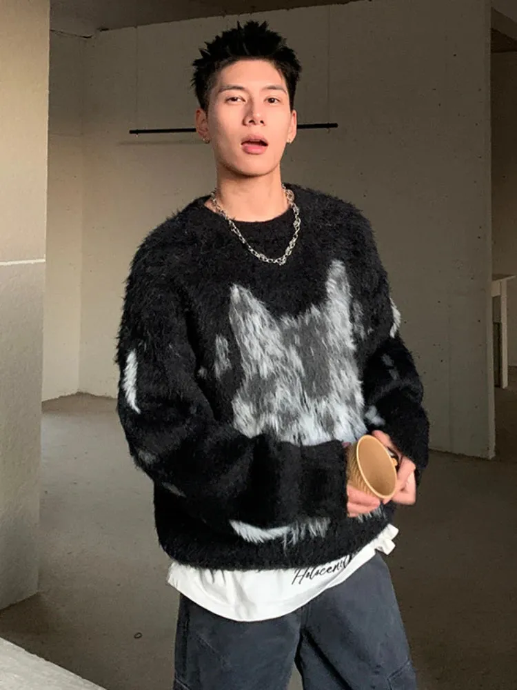 Aidase Fluffy Sweaters Men Loose Spring Autumn Outdoor All-match Korean Style Classic Normcore Prevalent O-neck Print Stylish Hip Hop