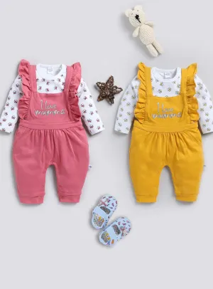 Allover Printed Tees and Dungaree Set - Pink and Mustard