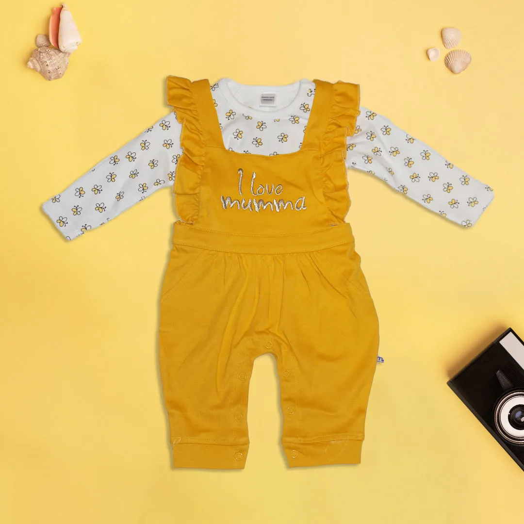 Allover Printed Tees and Dungaree Set - Pink and Mustard