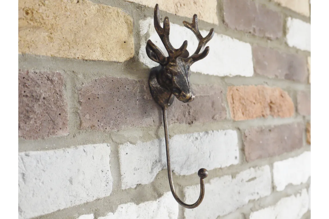 Antique Stag Head Single Wall Hook - Rustic Deer Antler Design