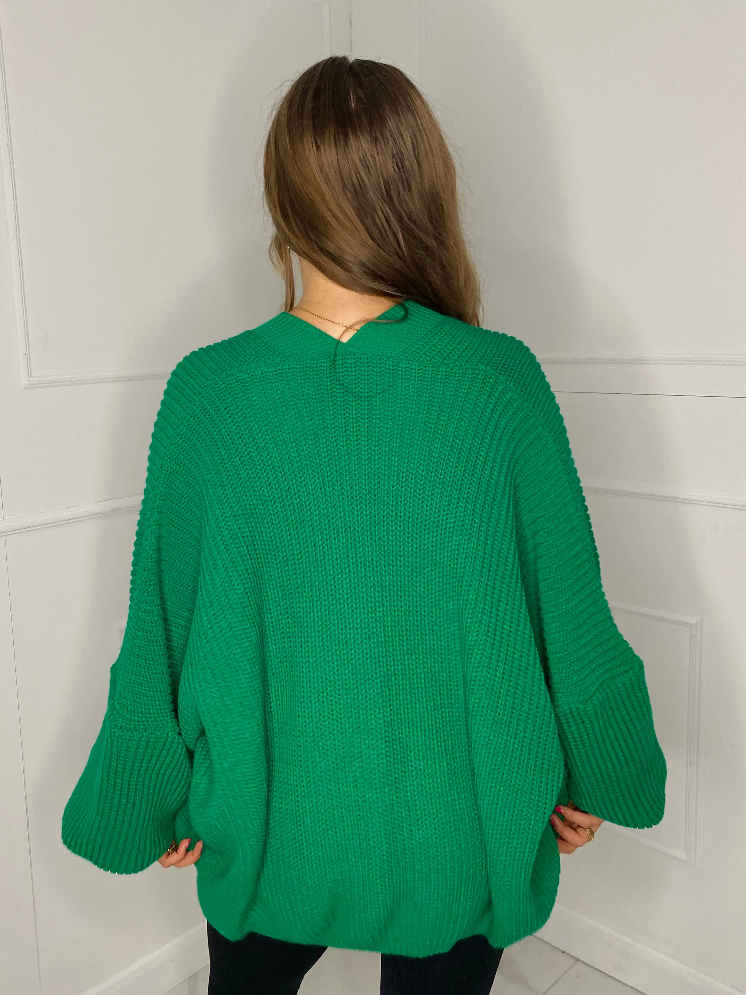 Balloon Sleeve Knitted Cardigan - Green