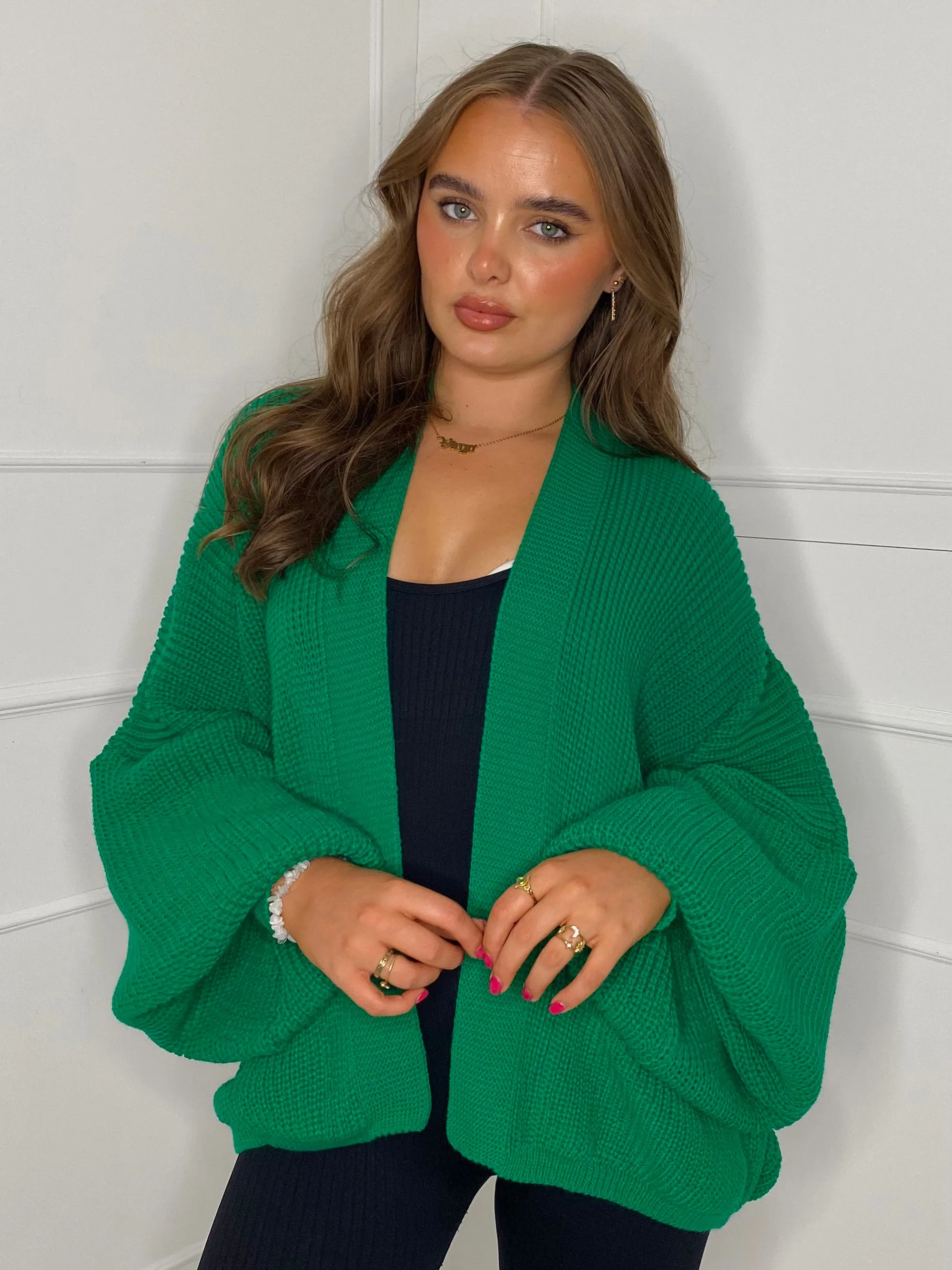 Balloon Sleeve Knitted Cardigan - Green