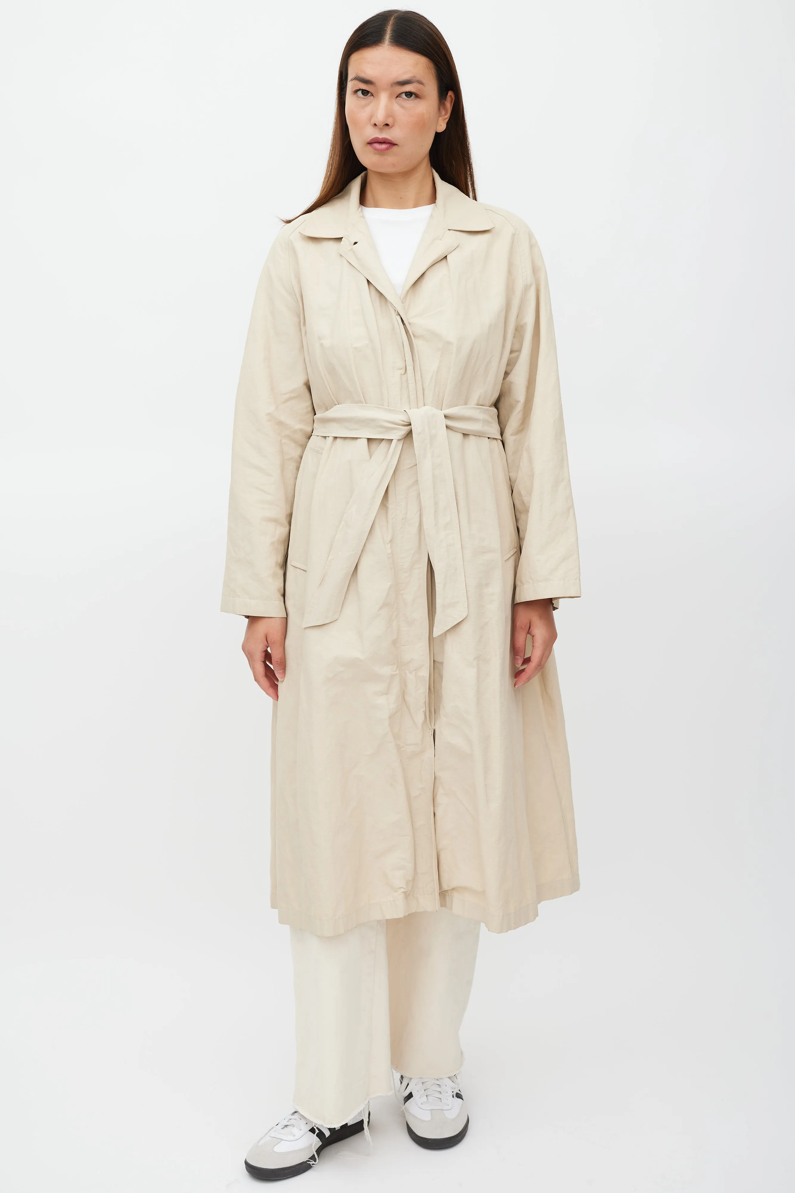 Beige Belted Two Pocket Trench Coat