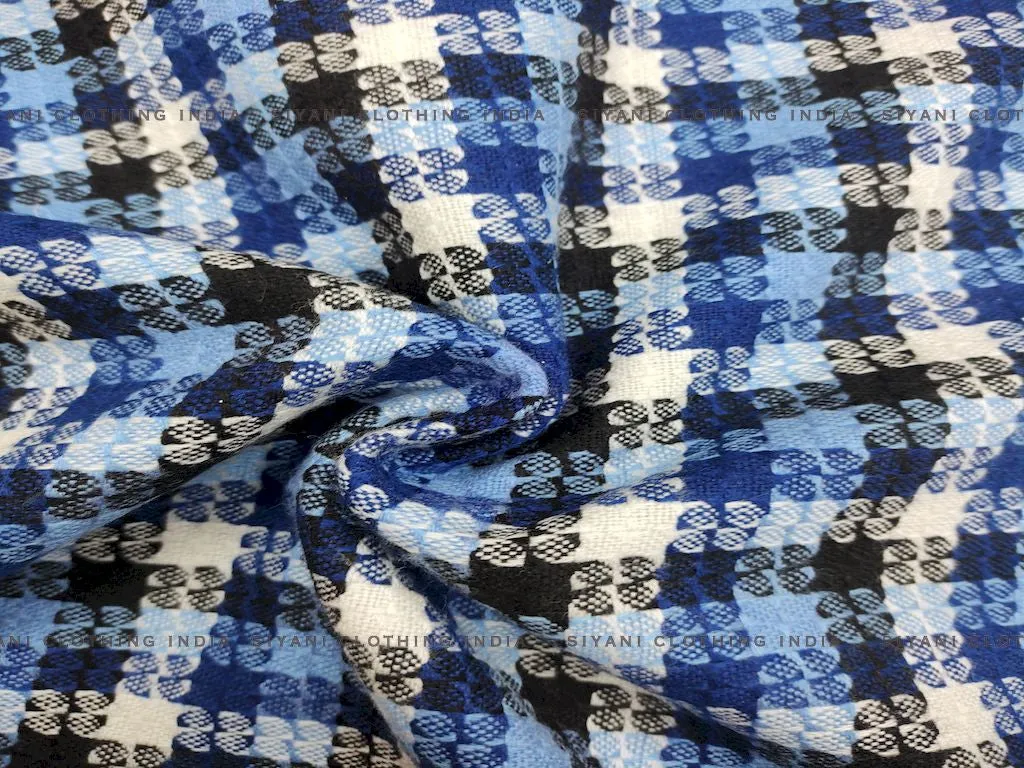 Blue Multicolor Checks Printed Wool Fabric