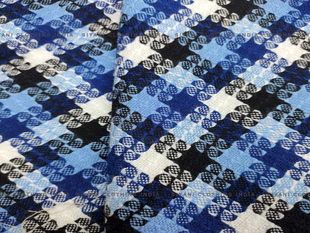 Blue Multicolor Checks Printed Wool Fabric