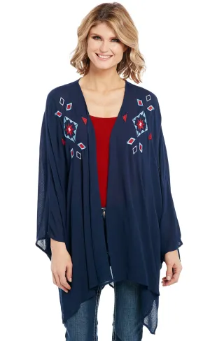 Cowgirl Up Womens Navy 100% Rayon Embroidered Kimono Cardigan