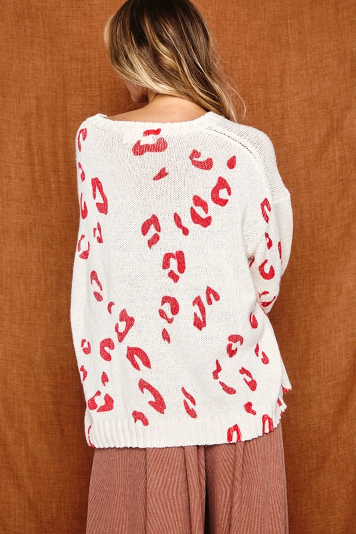 Cream Red Long Sleeve Knit Sweater