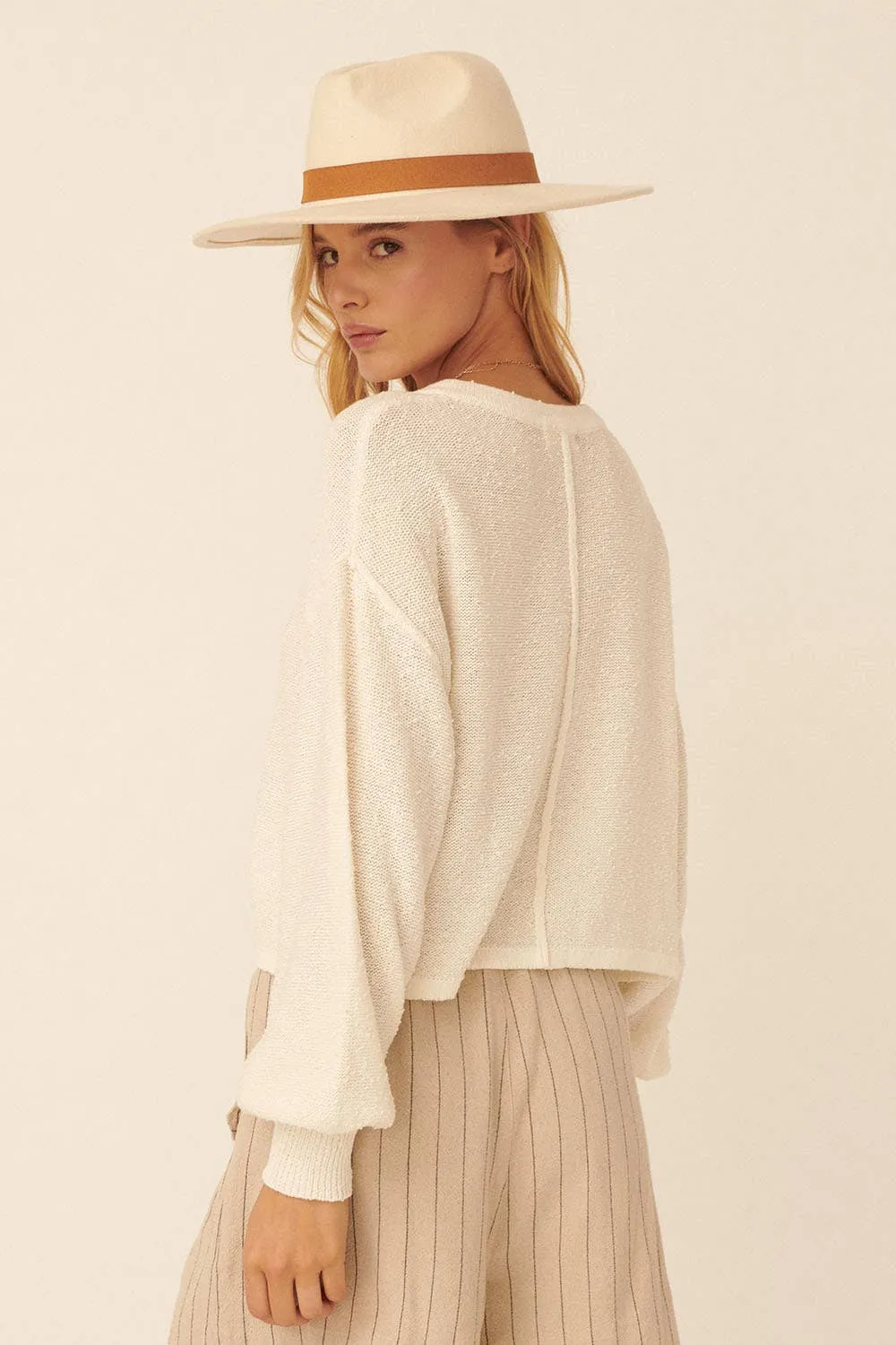 Cream Solid Textured Knit Loose-Fit Sweater