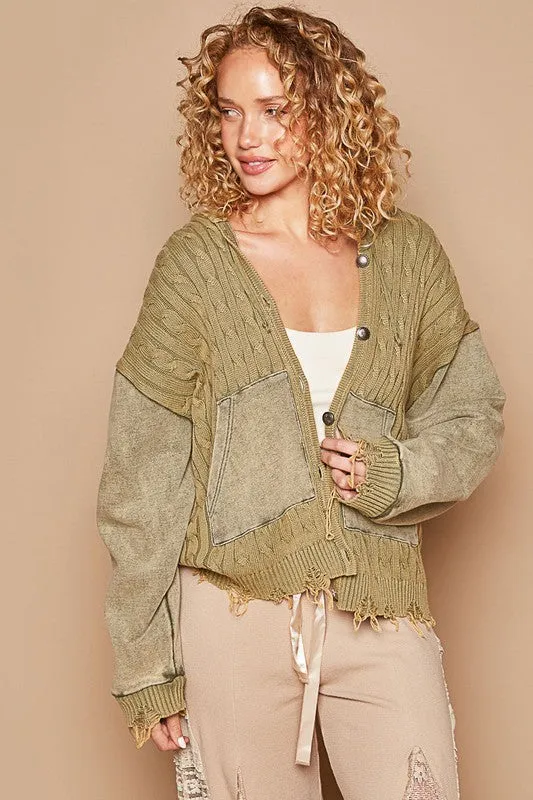 Distressed Hem Button Up Hooded Cardigan