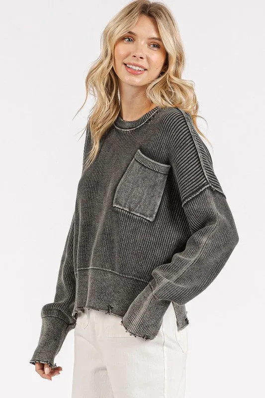 Distressed Hem Round Neck Dropped Shoulder Sweater