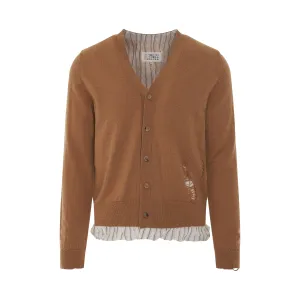 Distressed V-Neck Knit Cardigan in Camel