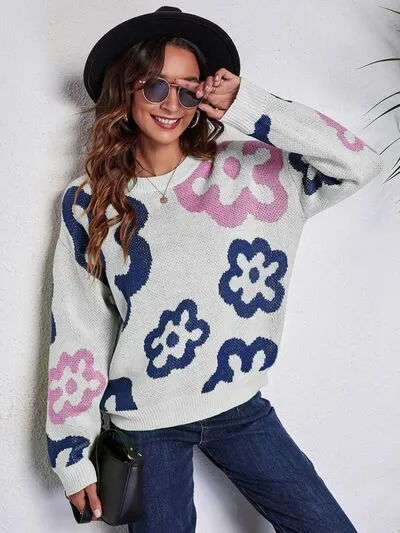 Flower Pattern Round Neck Long Sleeve Sweater