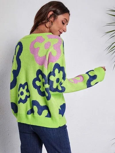 Flower Pattern Round Neck Long Sleeve Sweater