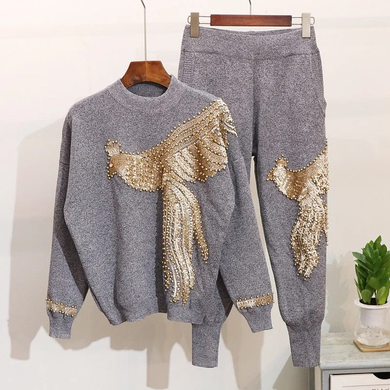 Golden Phoenix Beaded Sequined Knit Sweater & Pants Set