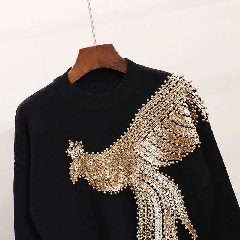 Golden Phoenix Beaded Sequined Knit Sweater & Pants Set