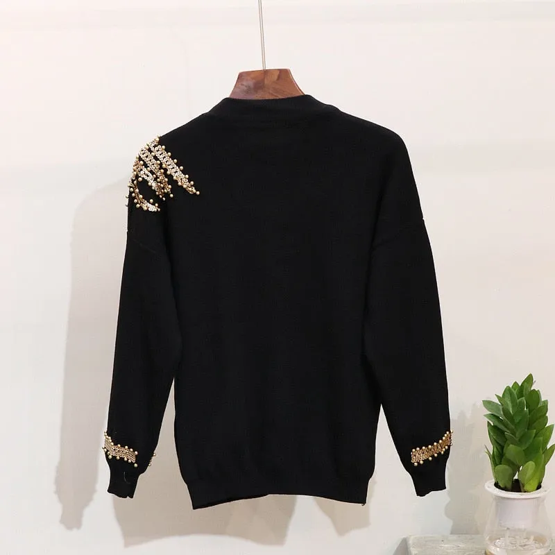 Golden Phoenix Beaded Sequined Knit Sweater & Pants Set