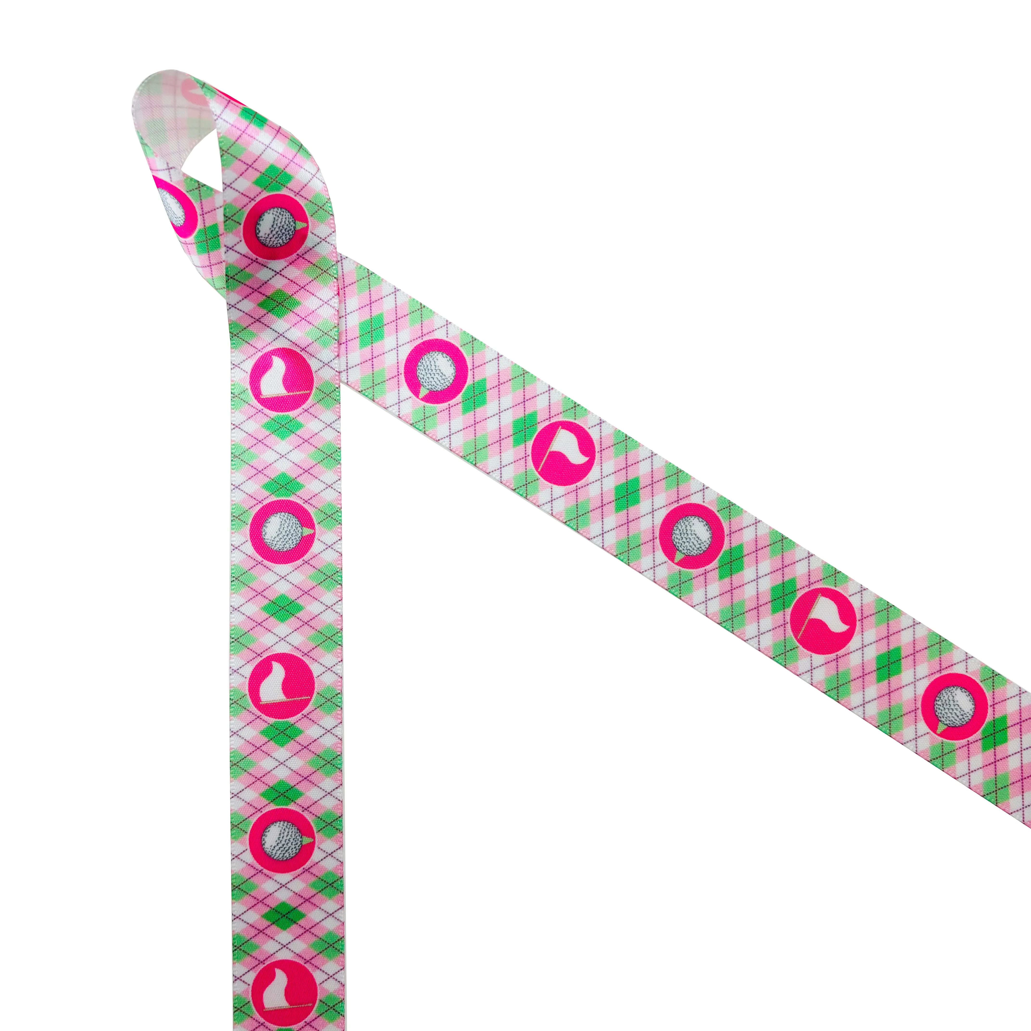 Golf ribbon golf balls and tees and golf flags in an argyle background in pink or blue printed on 7/8" white satin