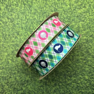 Golf ribbon golf balls and tees and golf flags in an argyle background in pink or blue printed on 7/8" white satin