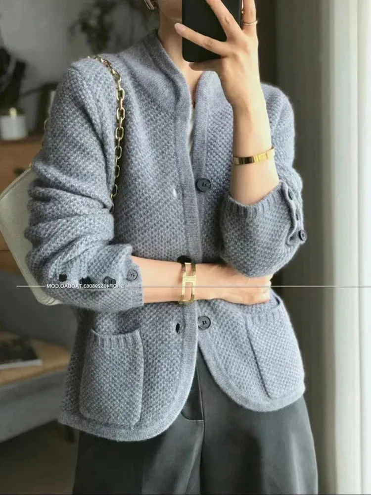 High-end Cashmere Wool Long Sleeve Half High Collar Cardigan