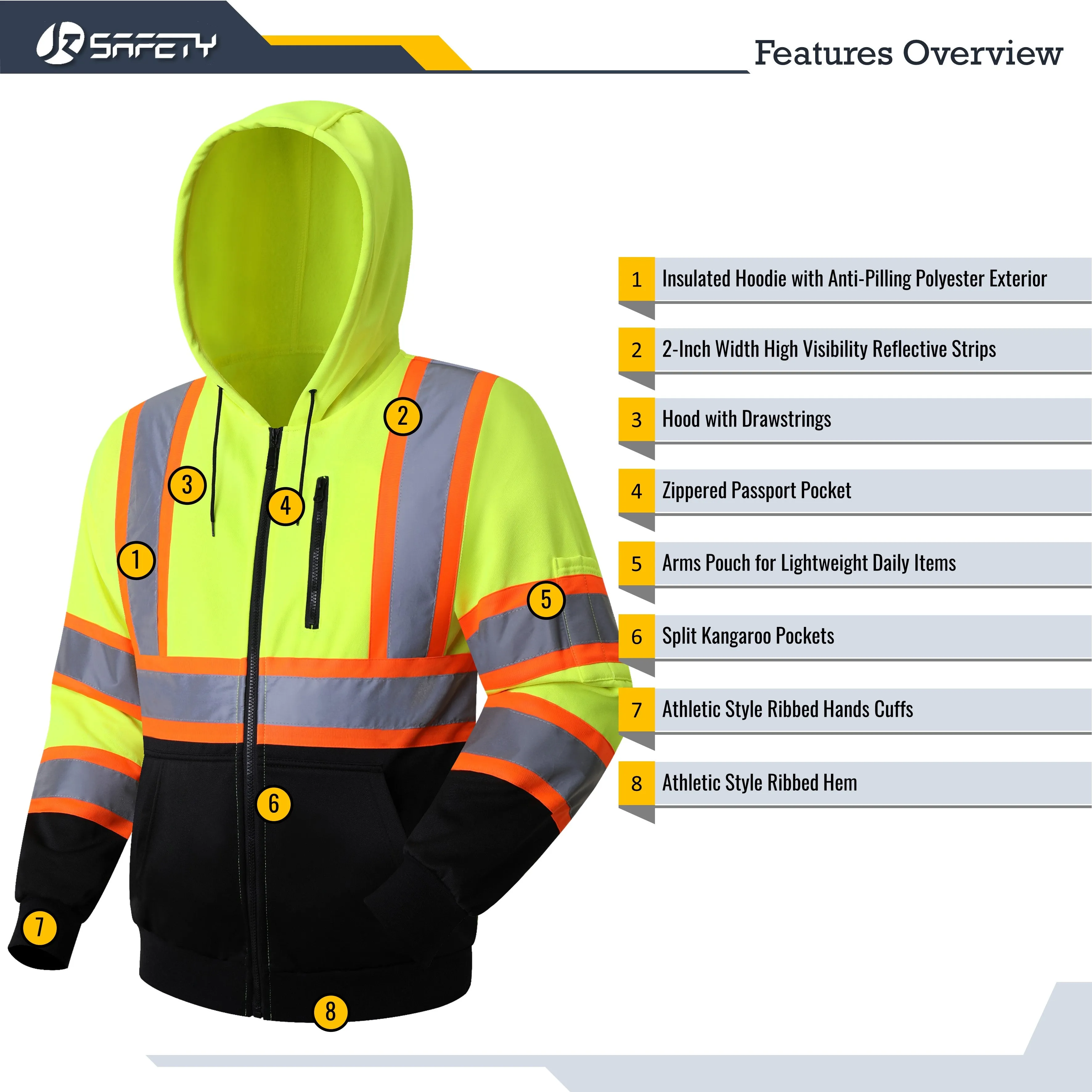 JKSafety Hi-Vis Reflective Safety Hooded Sweatshirt Zip-Up Hoodie (JKHS121)