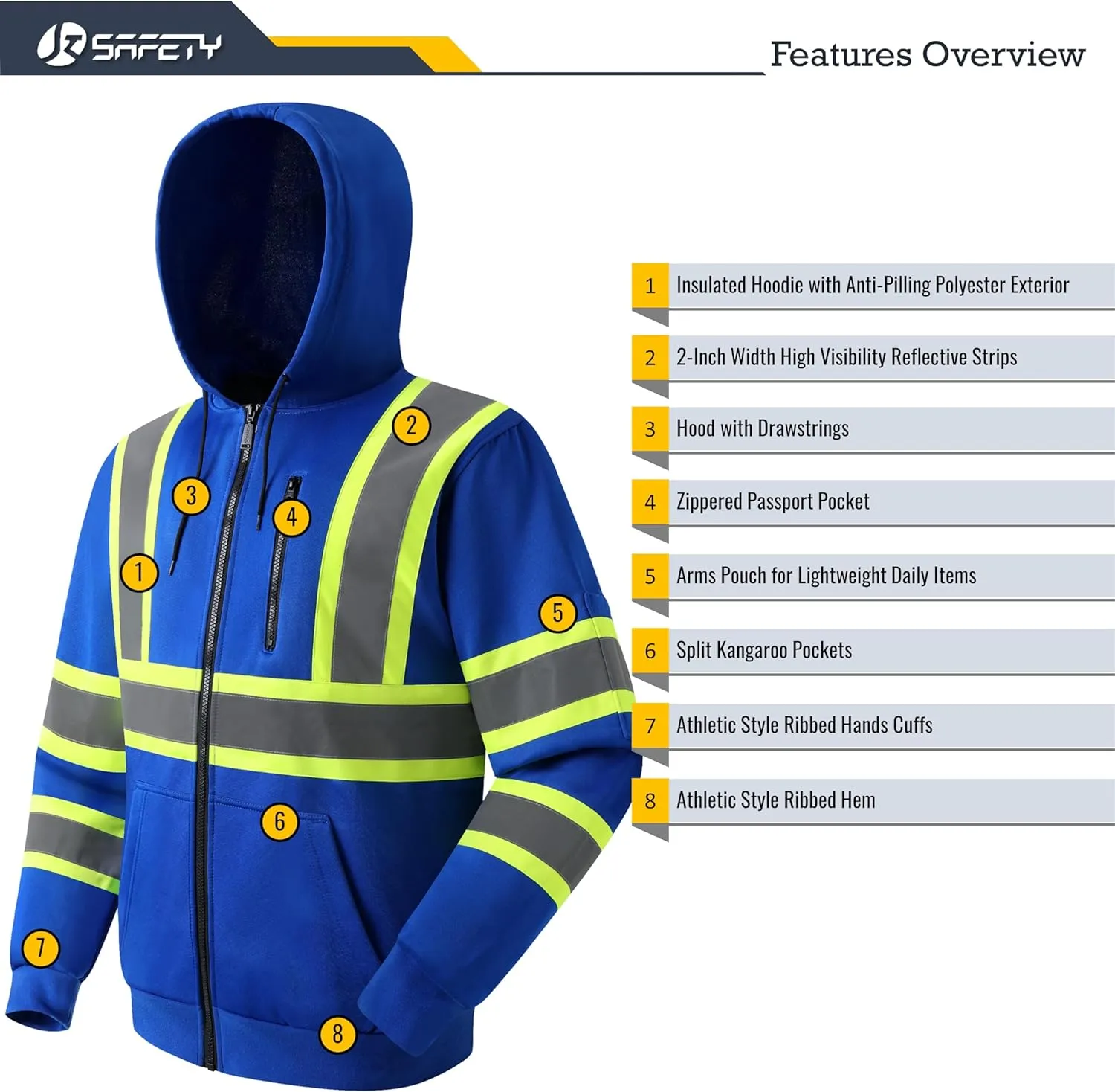 JKSafety Hi-Vis Reflective Safety Hooded Sweatshirt Zip-Up Hoodie (JKHS121)