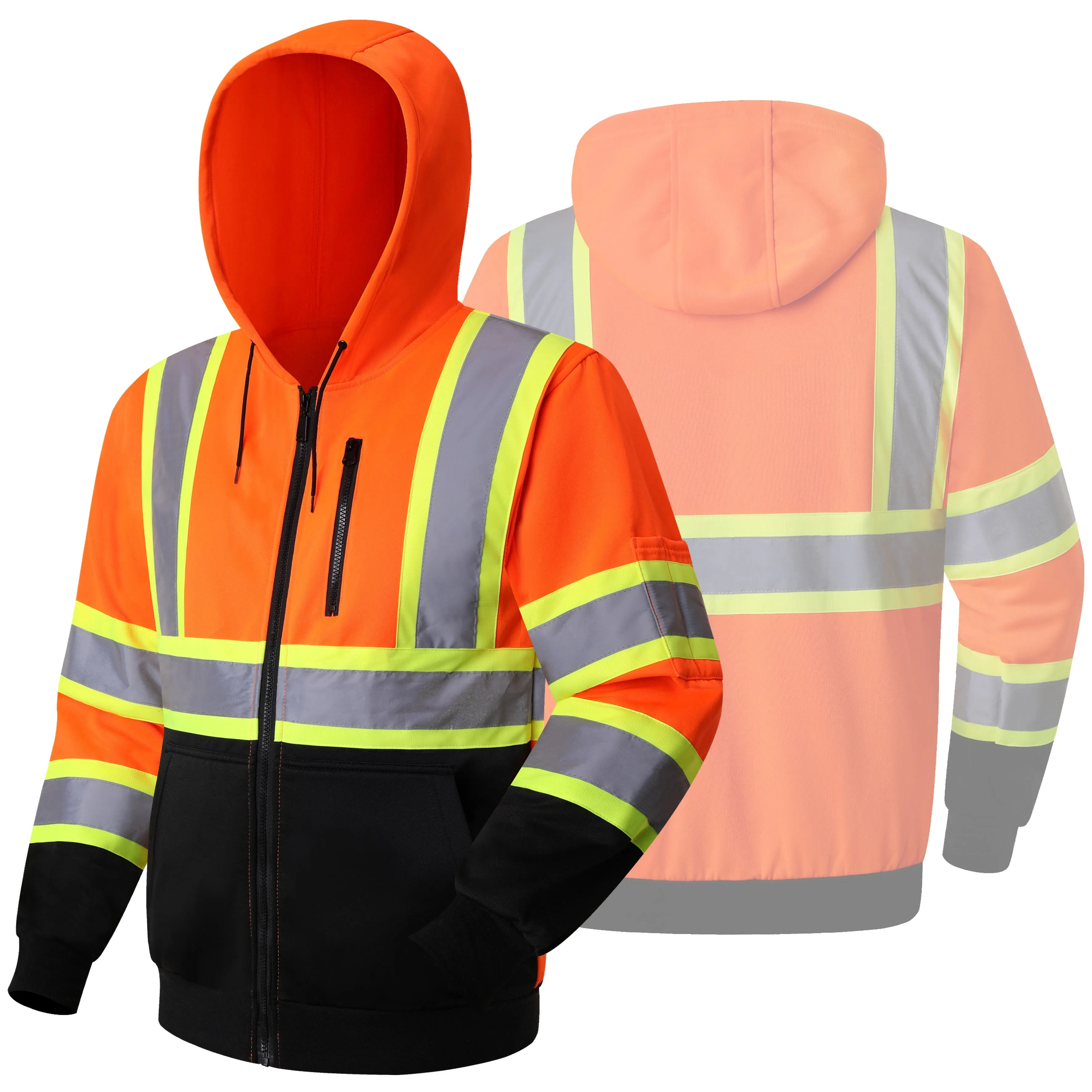 JKSafety Hi-Vis Reflective Safety Hooded Sweatshirt Zip-Up Hoodie (JKHS121)