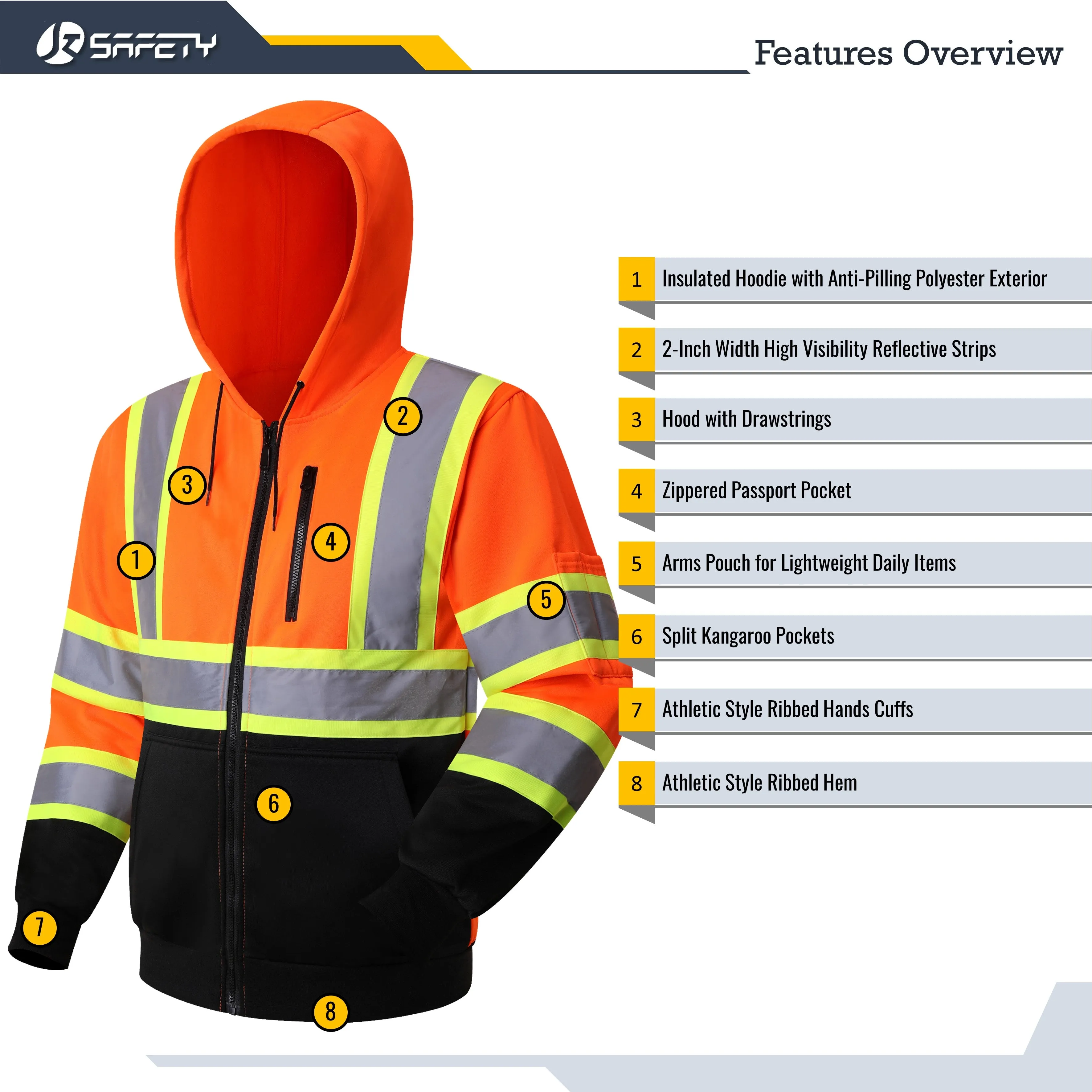 JKSafety Hi-Vis Reflective Safety Hooded Sweatshirt Zip-Up Hoodie (JKHS121)