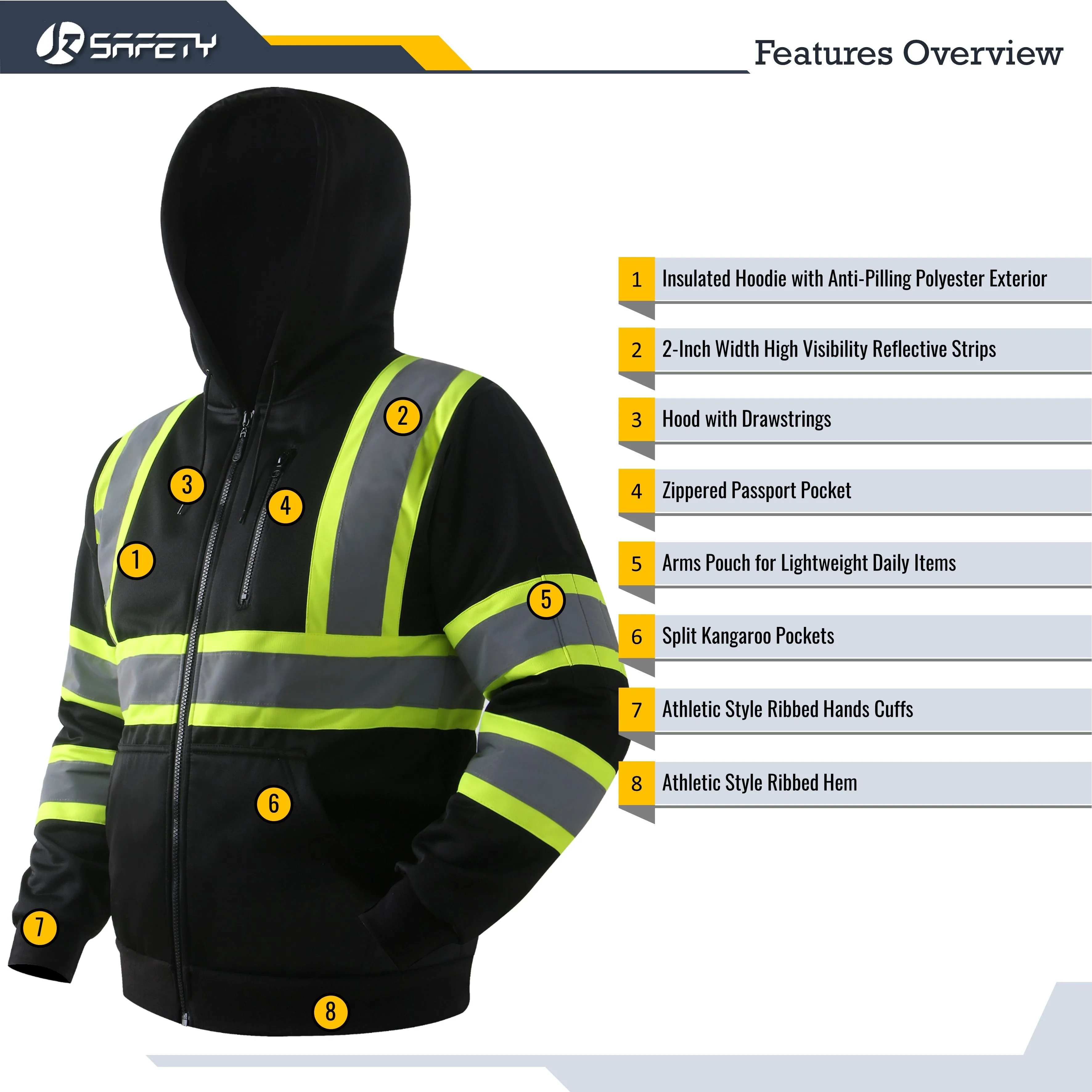 JKSafety Hi-Vis Reflective Safety Hooded Sweatshirt Zip-Up Hoodie (JKHS121)