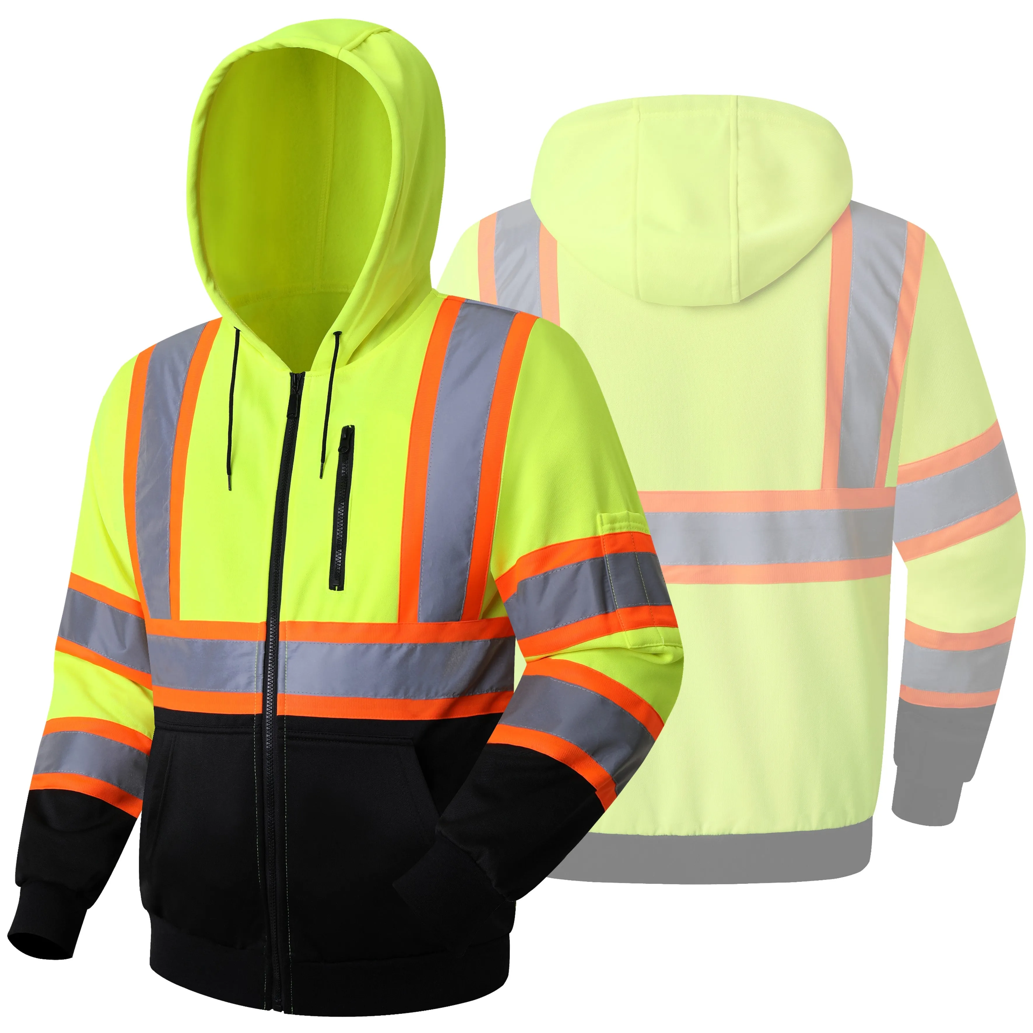 JKSafety Hi-Vis Reflective Safety Hooded Sweatshirt Zip-Up Hoodie (JKHS121)