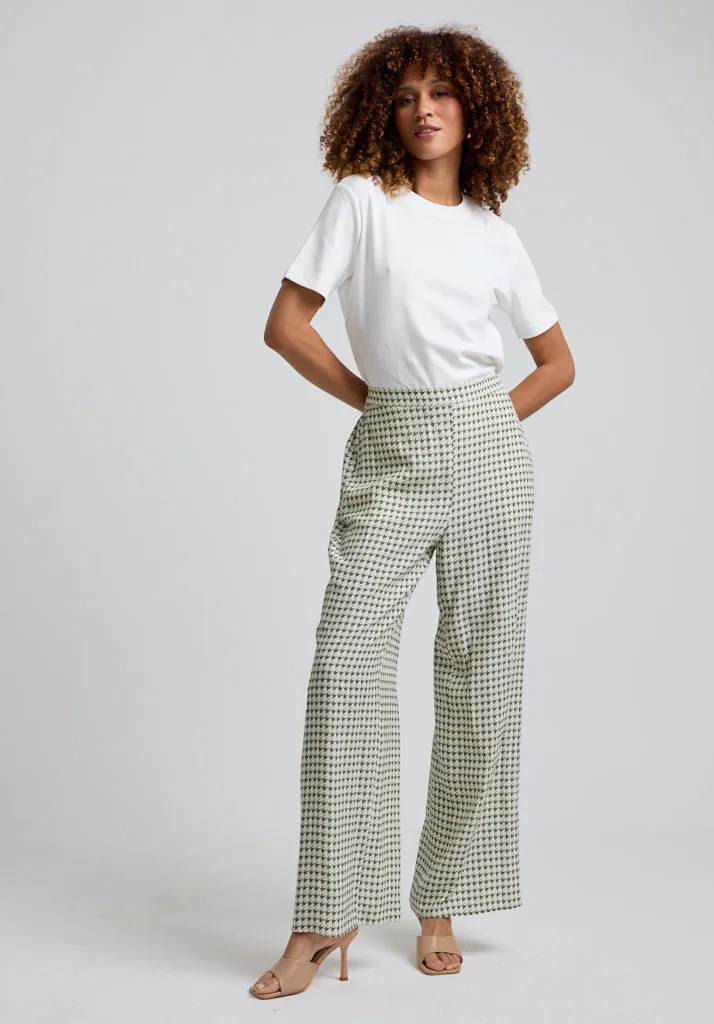 Leon Wide Leg Houndstooth Print Trouser In Green