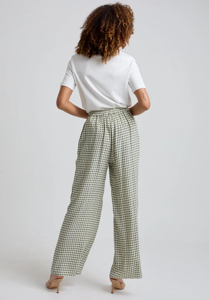 Leon Wide Leg Houndstooth Print Trouser In Green