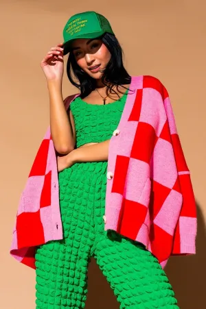 Love You Oversized Checkerboard Cardigan in Red   Pink