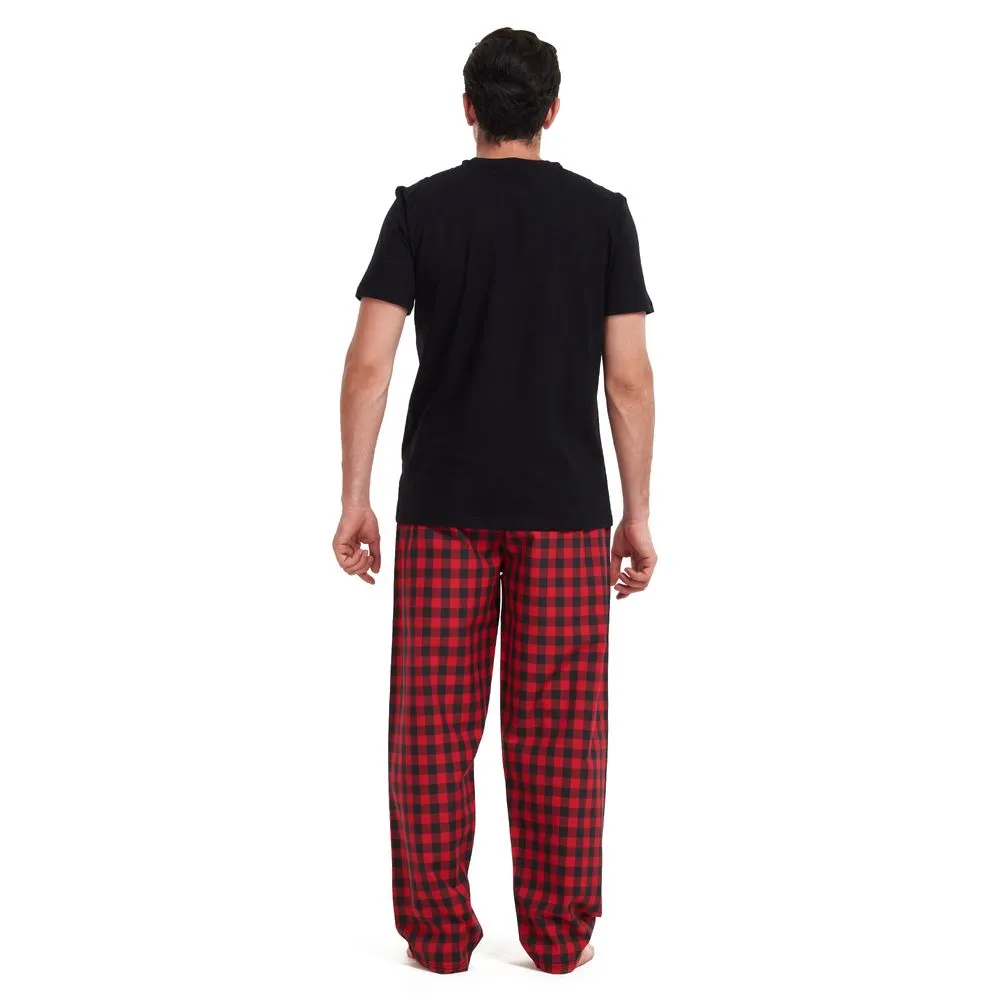 Men summer pajama set Black T-shirt  Red checkered pants