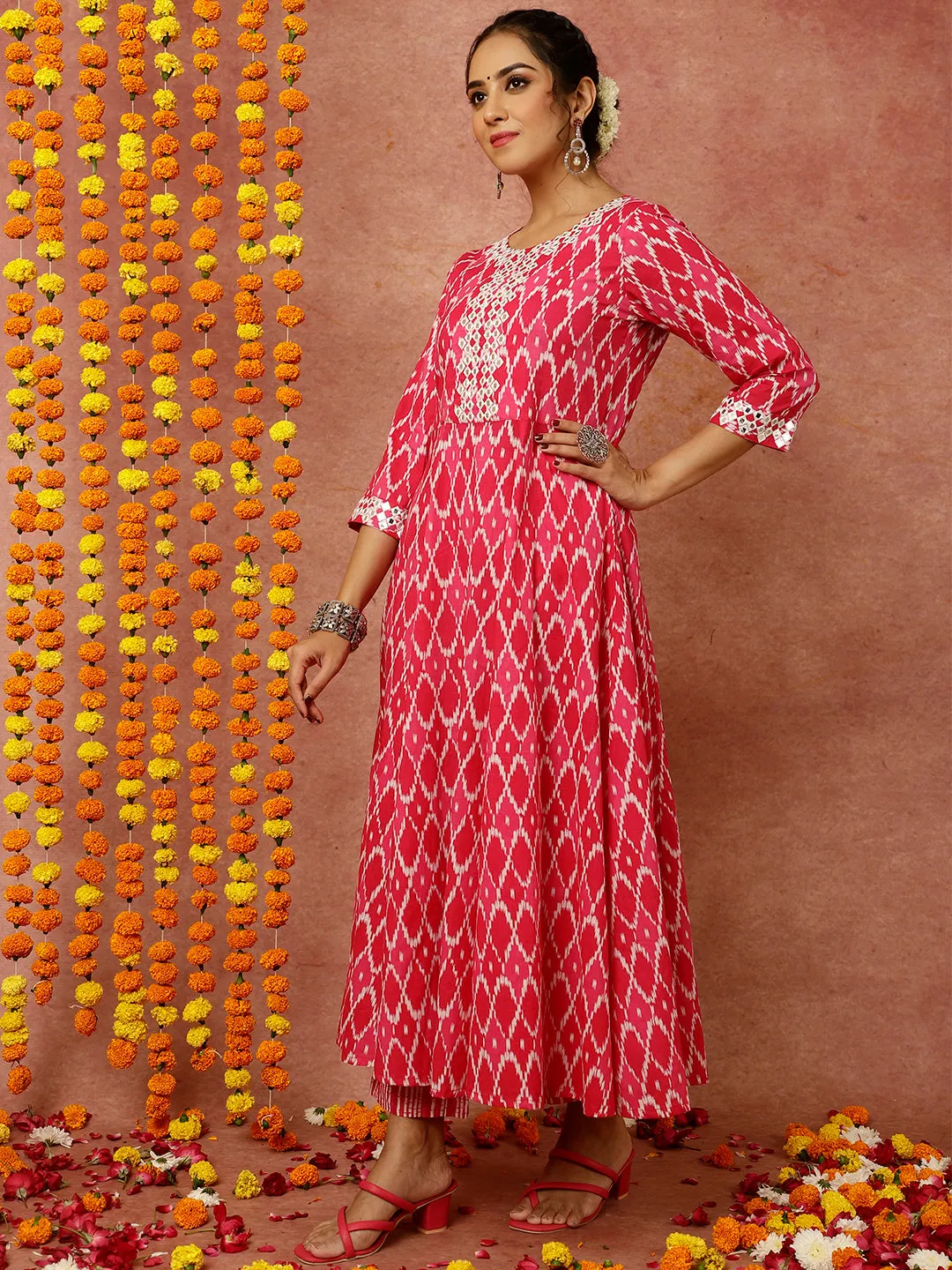 Pink Mirror Embellished Ikat Printed Anarkali Kurta With Pants And Dupatta