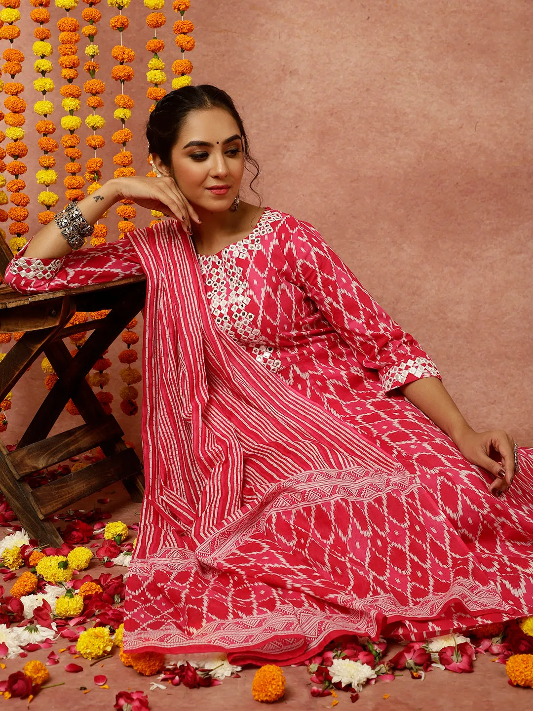 Pink Mirror Embellished Ikat Printed Anarkali Kurta With Pants And Dupatta