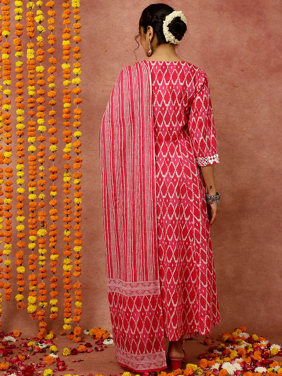 Pink Mirror Embellished Ikat Printed Anarkali Kurta With Pants And Dupatta