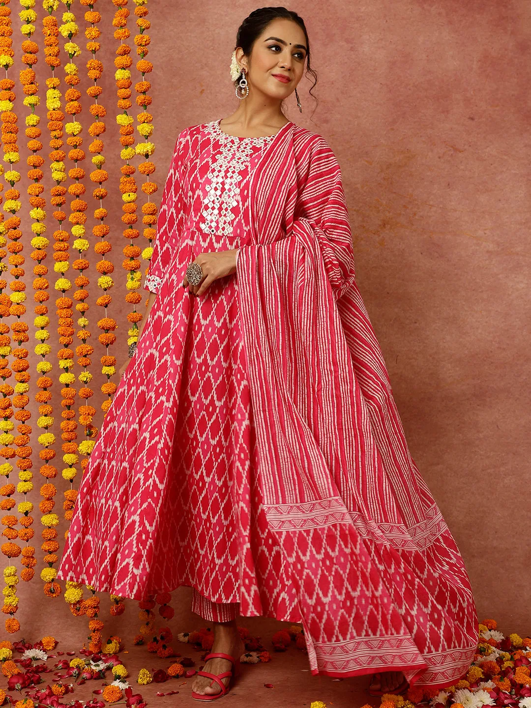 Pink Mirror Embellished Ikat Printed Anarkali Kurta With Pants And Dupatta