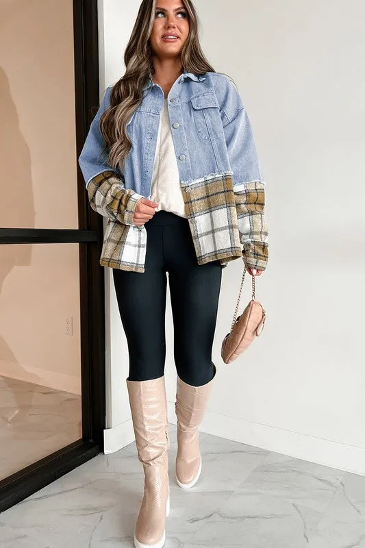 Plaid Patchwork Buttoned Oversized Denim Jacket