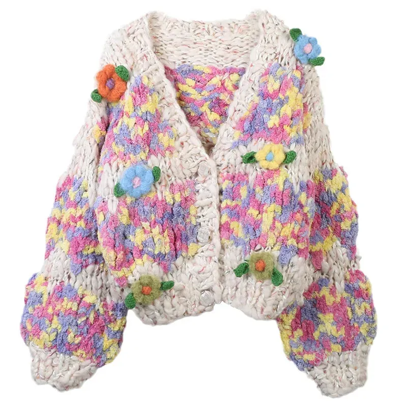 Pre Order:  Colorful Handmade Flower Long Sleeved Loose Knitted Cardigan