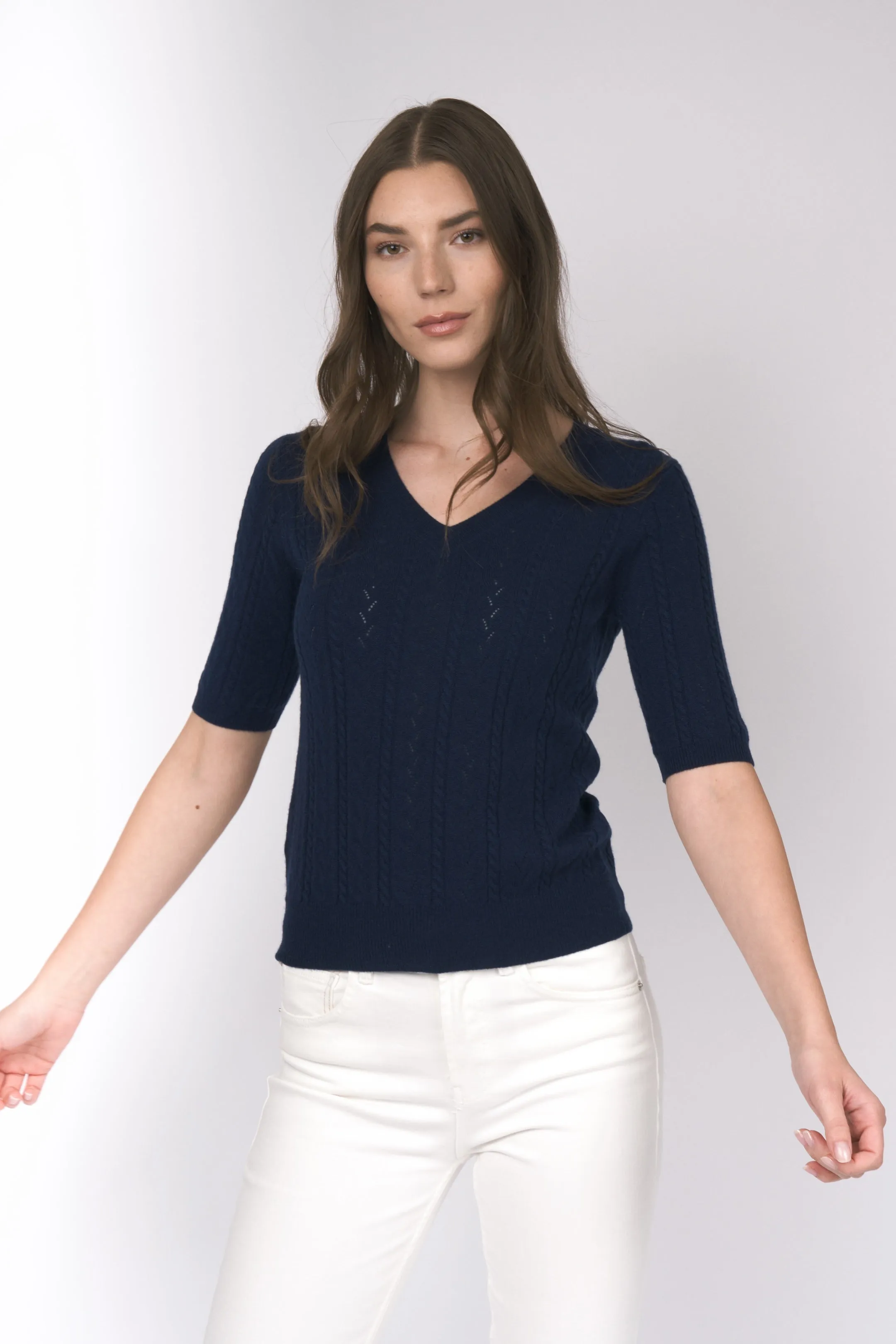 Robertson Madison 100% Cashmere Short Sleeve V Neck Sweater CC-269 | Navy | Clearance Final Sale