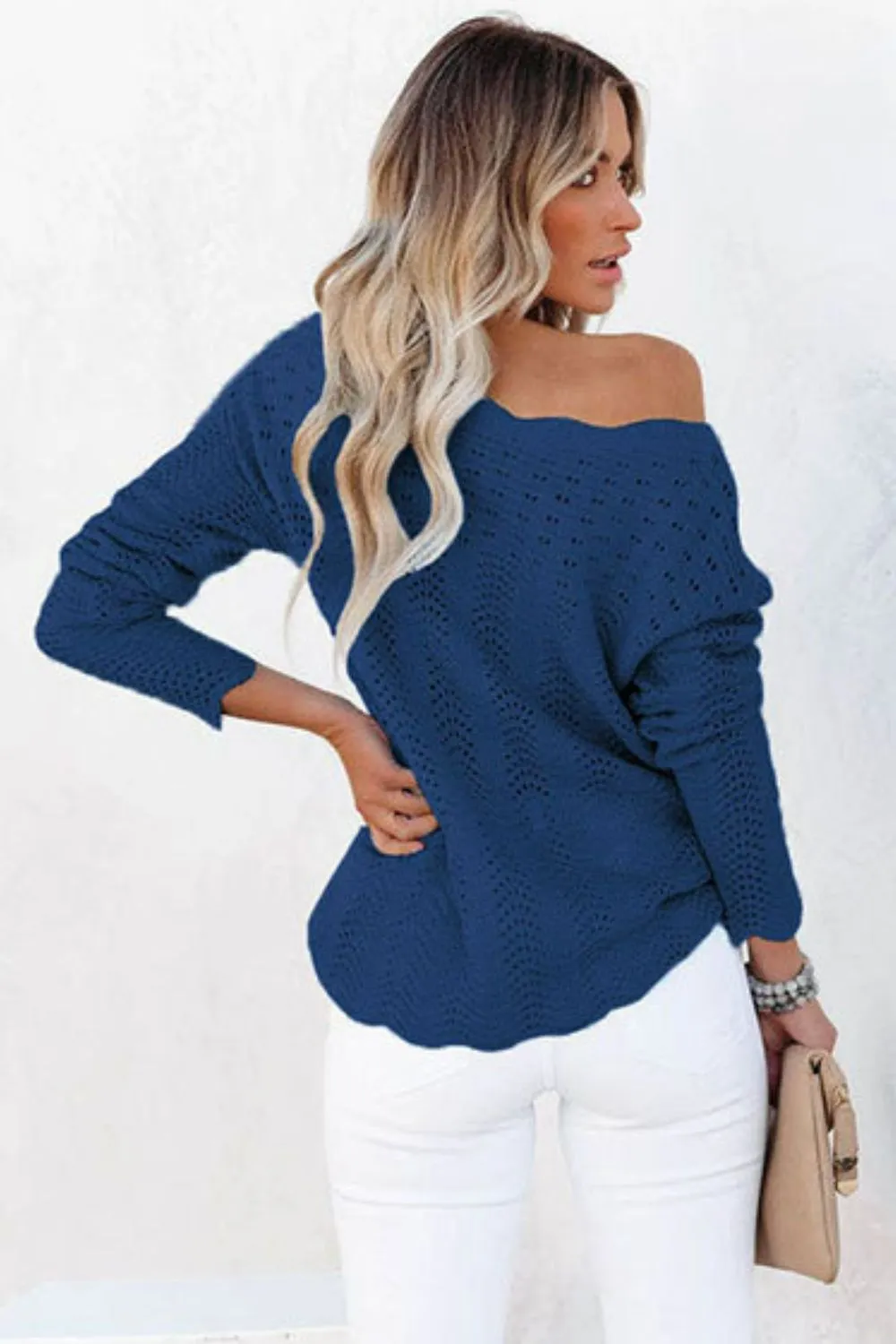 Scalloped Boat Neck Openwork Tunic Sweater