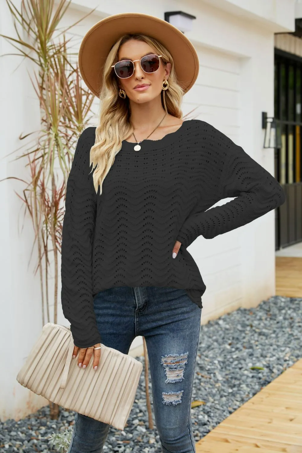 Scalloped Boat Neck Openwork Tunic Sweater