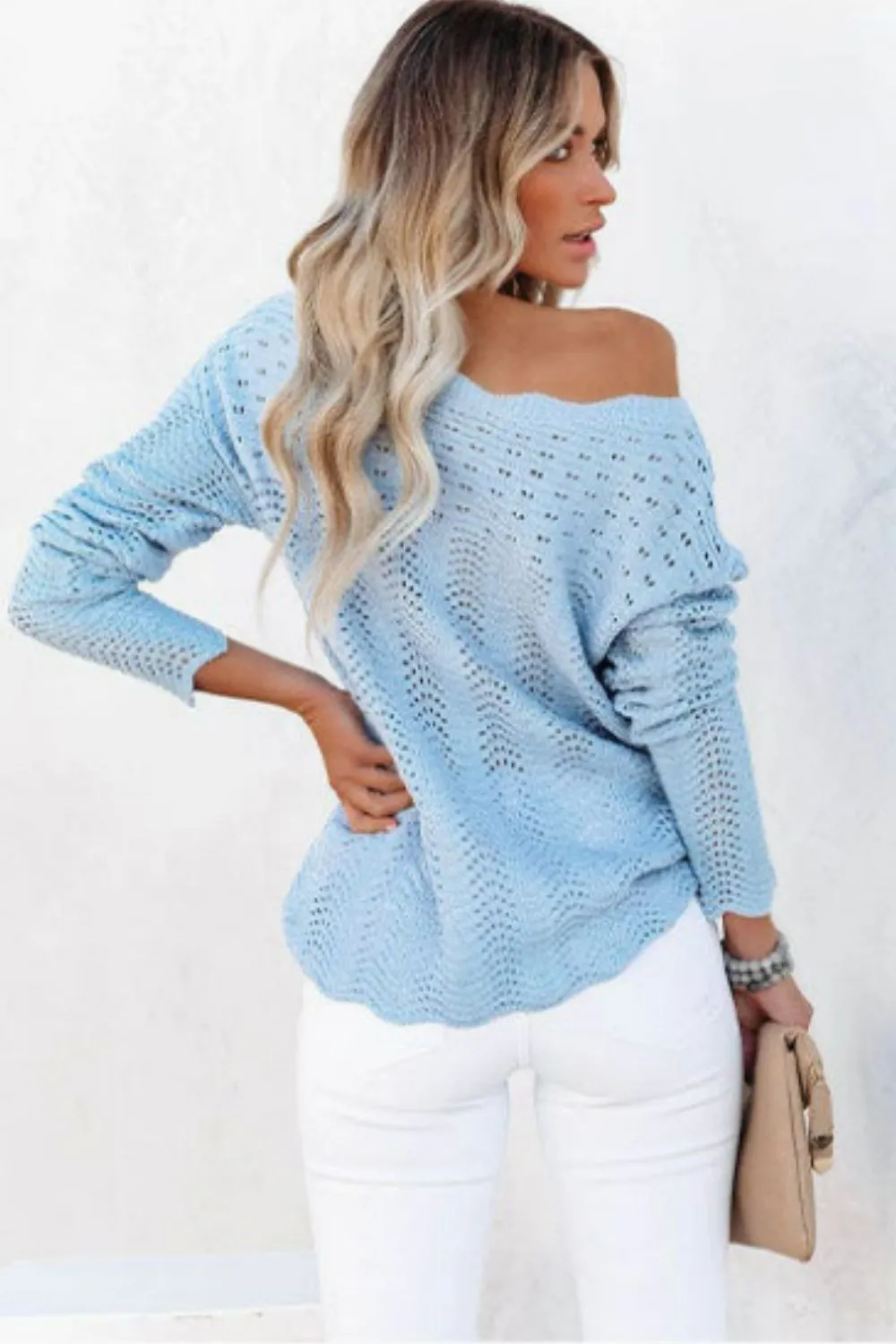 Scalloped Boat Neck Openwork Tunic Sweater