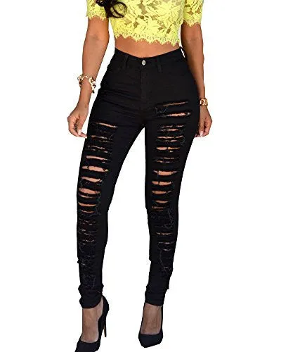 SEXYWG Women Destroyed Boyfriend Jeans Ripped Washed Cuff Denim Trousers